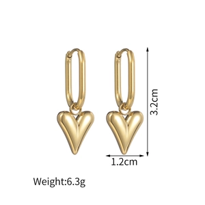 Polished 18K gold-plated stainless steel heart drop earrings measuring 3.2cm in height