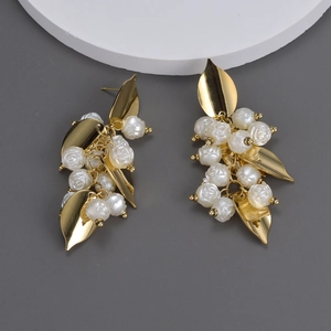 Exaggerated golden leaf and white rose flower drop earrings in polished titanium steel