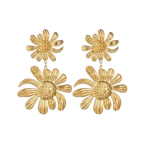 Vintage 18K gold plated titanium steel double daisy flower drop earrings for women