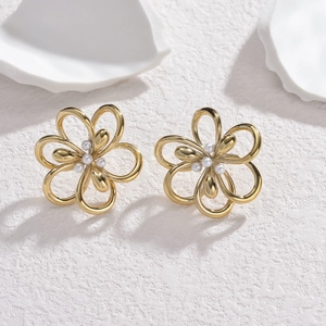 Boucles d'oreilles fleurs creuses dorées avec perles blanches, style coréen élégant
