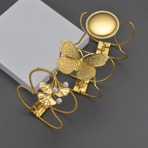 Bracelet Jonc En Acier Inoxydable Pour Femmes Plaqué Or 18K Papillon Feuille De Ginkgo Strass Künstliche Perle Vintage Charnière