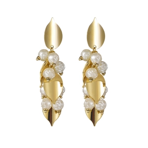 Elegant gold leaf and embossed rose pearl drop earrings in vintage aesthetic style