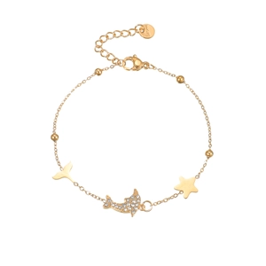 Elegant gold dolphin charm bracelet with star and whale tail pendants on a thin bead chain