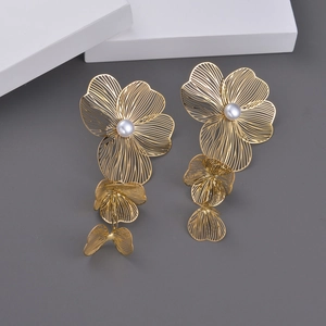 Women Statement Drop Earrings 18K Gold Plated Stainless Steel Hollow Mesh Flower With Faux Artificial Pearl Elegant Dangle Jewelry