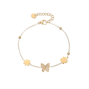 Bracelet papillon doré avec diamants pavés et trèfles sur une fine chaîne à billes