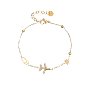 Gold travel bracelet with airplane, palm tree, and flip-flop charms on a delicate chain