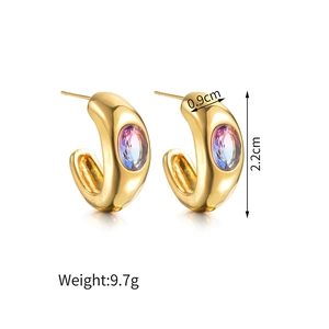 Gold-plated C-shaped stainless steel earrings with oval gradient purple-blue zircons