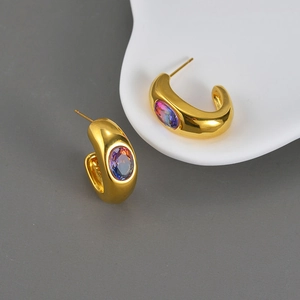 C Shaped Stud Earrings Stainless Steel With Gradient Oval Cubic Zirconia Gold Plated Fashion Jewelry For Women