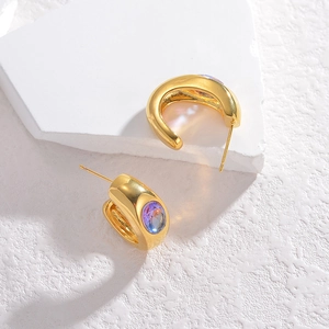 Golden titanium steel C-shaped stud earrings featuring round iridescent zircon stones