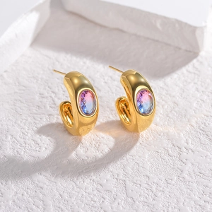 Golden C-shaped stainless steel earrings with gradient colorful oval zircon stones