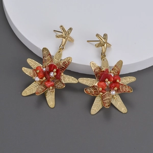 Boucles Oreilles Pendantes Étoile De Mer Fleur Acier Inoxydable Avec Corail Rouge Et Künstliche Perle Imitation Rétro Bohème