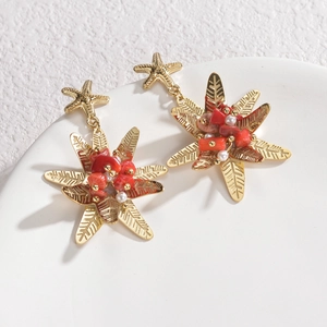 Boucles d'oreilles étoile de mer vintage avec pierres rouges et perles blanches