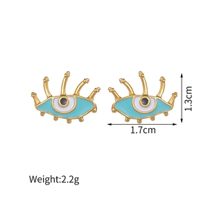 Evil eye stud earrings in gold finish with blue enamel and long eyelash design
