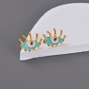 Evil Eye Stud Earrings Stainless Steel Gold Plated Blue Enamel Eyelash Bohemia Ethnic Style Jewelry For Women