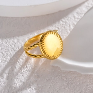Vintage 18k gold plated stainless steel oval signet ring with braided band design