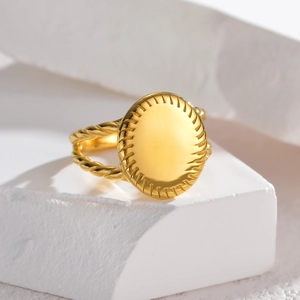 French vintage 18k gold plated stainless steel oval signet ring with twisted band texture