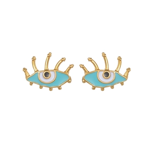 Ethnic style golden evil eye stud earrings with light blue enamel and eyelash details