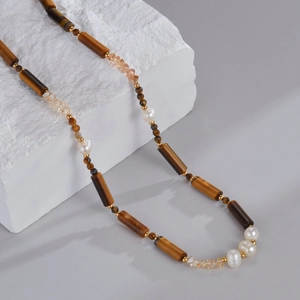 Collier De Perles En Pierre Oeil De Tigre Et Perles Eau Douce Pour Femmes Bijoux Rétro Cristal Acier Inoxydable