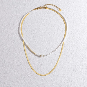 Stainless Steel Double Layered Necklace White Beads Faux Artificial Pearl Gold Flat Snake Blade Chain Minimalist Elegant For Women