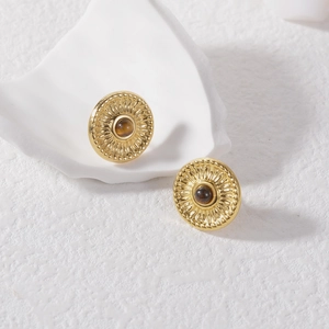 Vintage gold plated round earrings with brown tiger eye stone and radial relief patterns