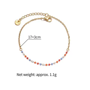 Gold stainless steel bracelet with multi-colored beads and adjustable 17+3cm length