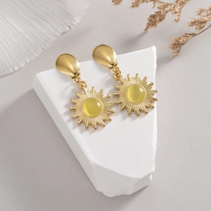 French vintage stainless steel radiant sunburst earrings with yellow opal-style center