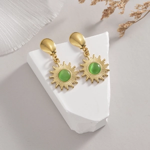 French vintage gold stainless steel sunflower earrings with green gemstone on stone pedestal