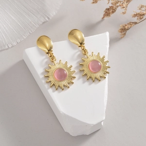 French vintage stainless steel sunburst earrings with pink stone on stone display