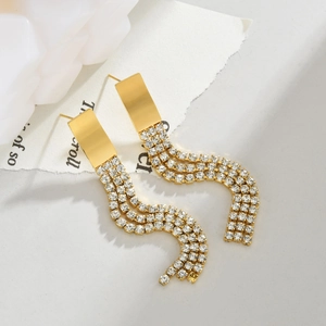 Elegant gold tassel earrings with shimmering zircon waves and sleek rectangular studs