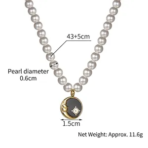 Star and moon round pendant pearl necklace in stainless steel for women 43+5cm length