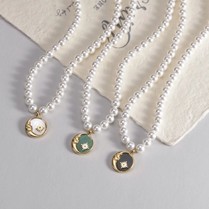 Stainless Steel Round Plate Crescent Moon Star Pendant Imitation Artificial Pearl Necklace For Women Vintage Elegant Jewelry Accessory