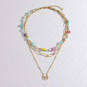 Collier Multi-Rangs Acier Inoxydable Plaqué Or 18K Künstliche Perles Colorées Künstliche Perle Imitation Turquoise Pendentif Lune Soleil Bijoux Femme