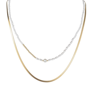 Double-layered golden snake chain necklace with white beads and central pearl accent