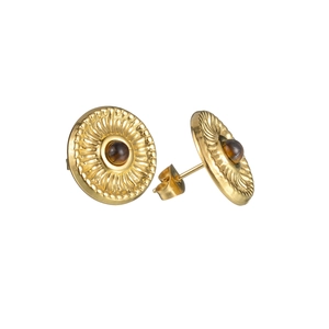 Retro style gold-plated stainless steel stud earrings with sunburst texture and natural stone