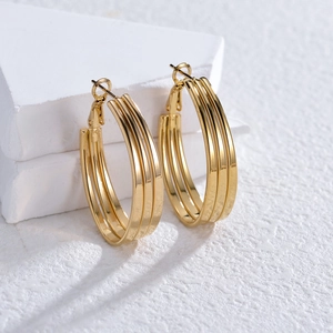 Boucles D Oreilles Créoles Multi-Couches En Acier Inoxydable Géométriques Triple Anneaux Ovales Plaqué Or Pour Femmes