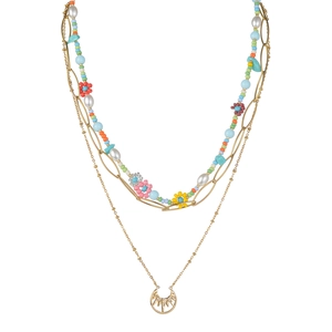 Collier à trois rangs plaqué or 18 carats avec perles colorées et pendentif soleil