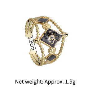 304 stainless steel gold open ring with black enamel diamond shape and evil eye motif