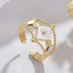 304 Stainless steel evil eye ring with white enamel and zirconia in gold finish