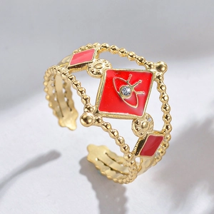 304 stainless steel gold open ring with red enamel and evil eye cubic zirconia detail
