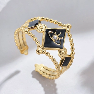 Vintage 304 stainless steel open ring with black enamel evil eye and gold bead band
