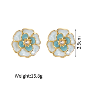 18K gold plated flower stud earrings with enamel petals and central zircon stones