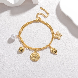 Bracelet double couche en acier inoxydable doré avec pendentifs papillon, cœur et œil