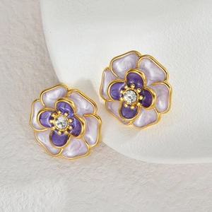 Elegant 18K gold plated purple flower earrings with sparkling central zircon stone