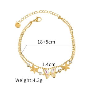Bracelet papillon double couche en acier inoxydable doré avec zircon et chaîne 18+5cm