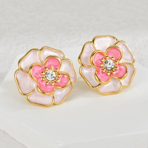 French vintage 18K gold plated flower earrings with pink enamel and crystals