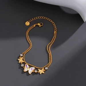 Bracelet Papillon Double Couche Acier Inoxydable Plaqué Or Charme Irisé Zircone Bijoux Mode Femmes