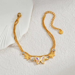 Bracelet papillon doré double couche en acier inoxydable avec zircons et incrustation nacre