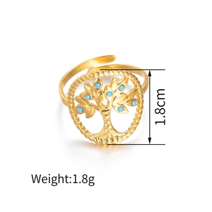 Adjustable gold plated steel ring with Tree of Life design and blue beads