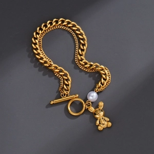 Bärenanhänger Edelstahl Armband Mehrlagig Kunstperle Vergoldet Gliederkette OT Verschluss Modeschmuck Damen Herren