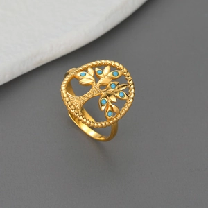 Tree Of Life Open Ring Stainless Steel Gold Plated With Turquoise Beads Geometric Adjustable Finger Jewelry For Women